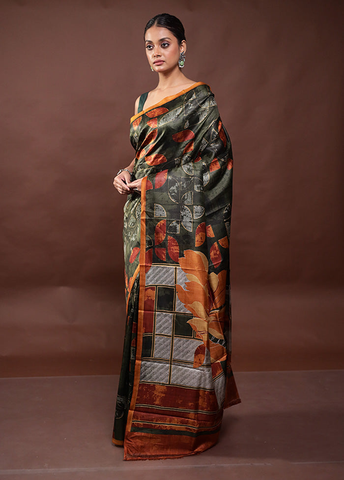 Green Printed Pure Silk Saree Without Blouse Piece With Mastercard Cheap Online