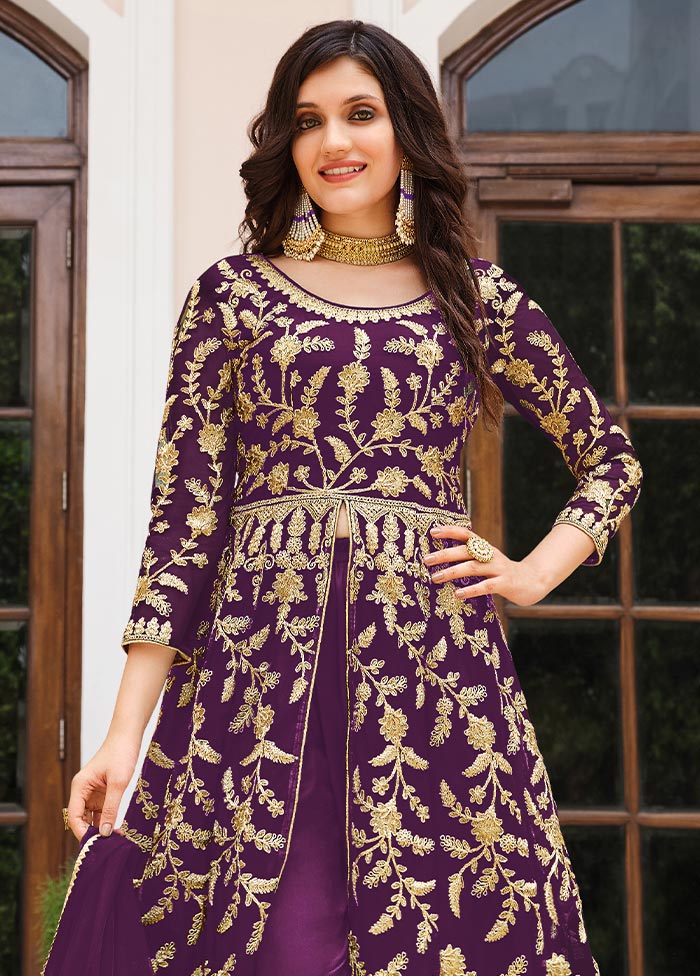 3 Pc Purple Semi Stitched Net Suit Set Fast Delivery For Sale