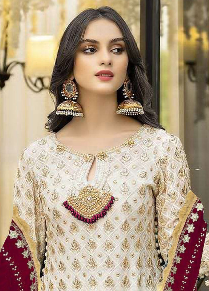 3 Pc Cream Semi Stitched Georgette Suit Set Free Shipping Fast Delivery