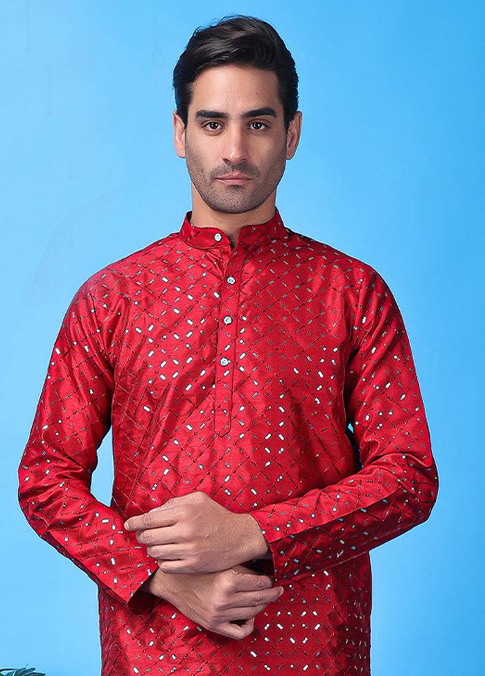 Red Silk Embroidered Knee Length Kurta Cheap Free Shipping