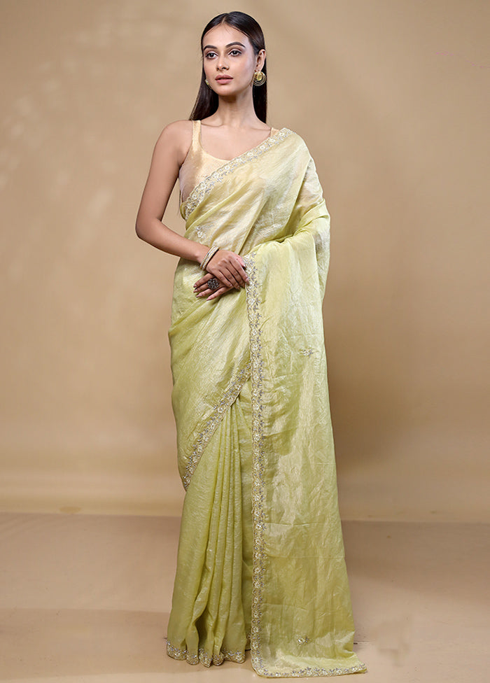 Green Crushed Tissue Silk Saree With Blouse Piece Cheap Sale Fashionable