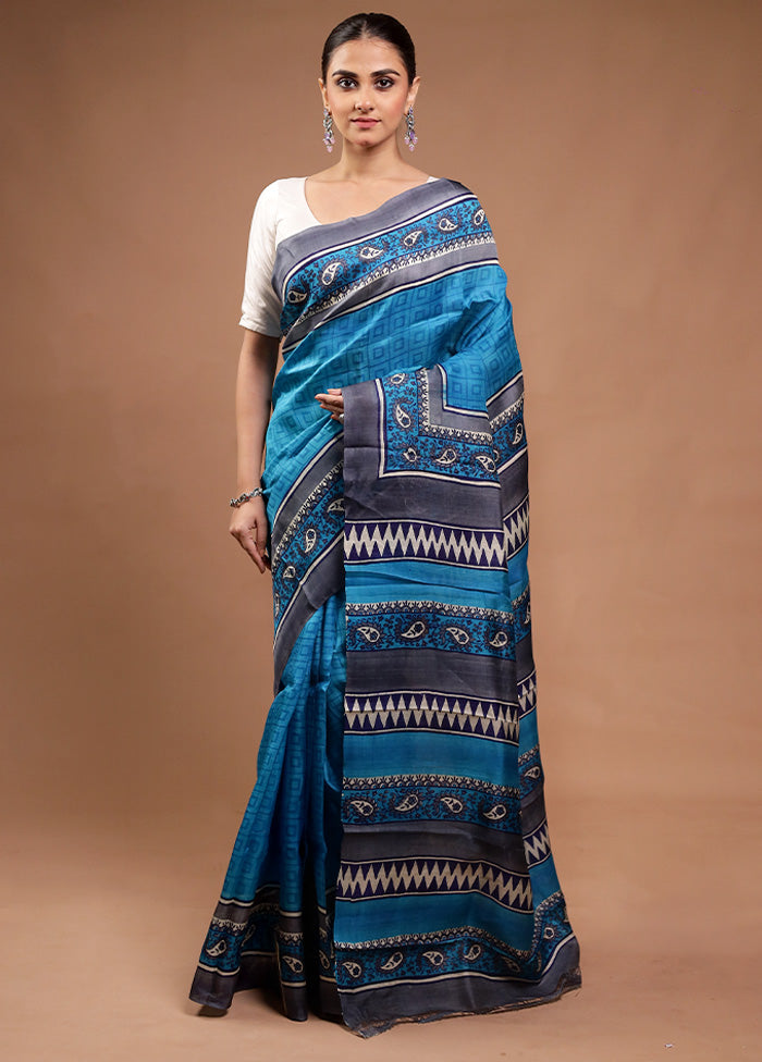 Blue Printed Pure Silk Saree Without Blouse Piece Comfortable Cheap Online