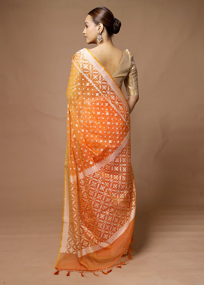 Orange Kora Silk Saree With Blouse Piece Outlet Online