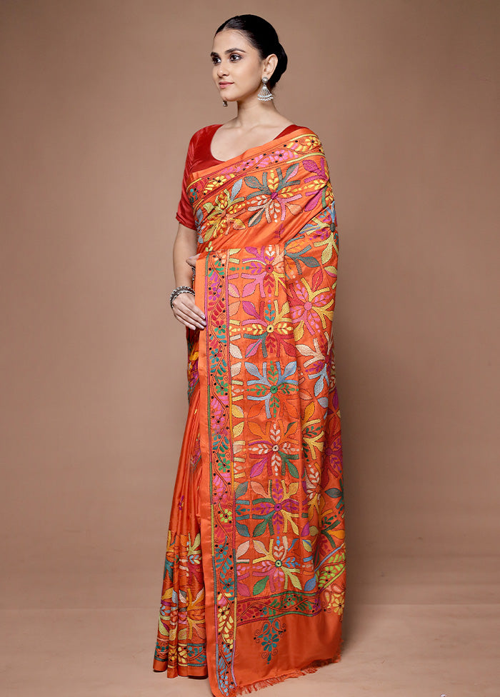 Orange Kantha Stitch Silk Saree With Blouse Piece Finishline Cheap Online