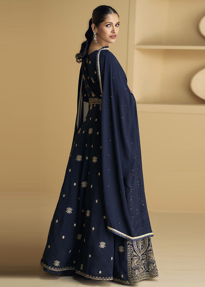 3 Pc Blue Semi Stitched Georgette Suit Set How Much Online