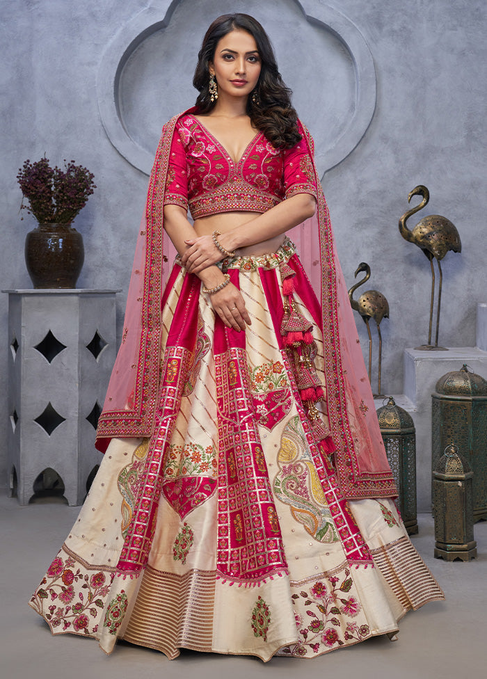 3 Pc Cream Pure Silk Semi Stitched Lehenga Set Clearance Purchase