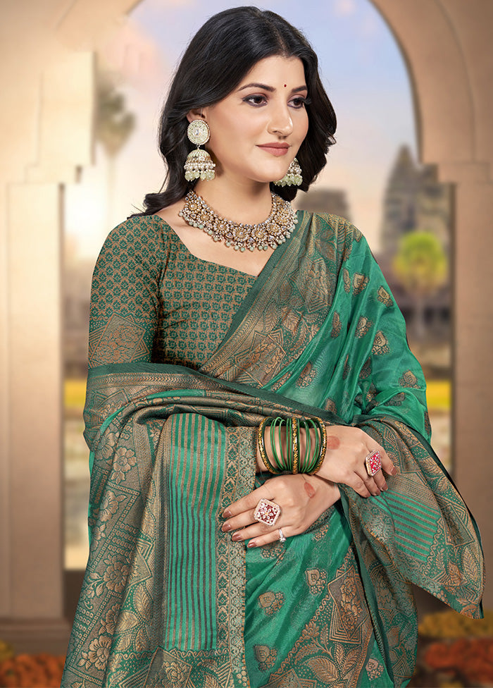 Rama Green Spun Silk Saree With Blouse Piece Outlet Brand New Unisex