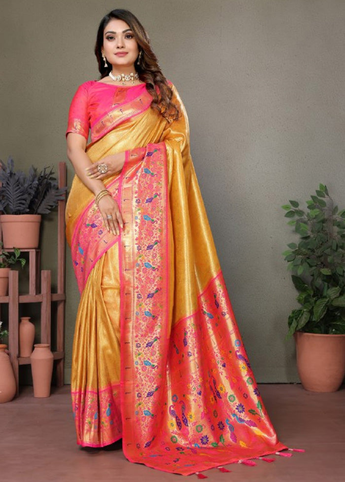 Yellow Banarasi Silk Saree With Blouse Piece Nicekicks Online