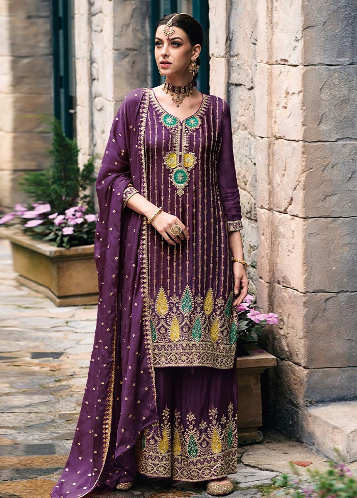 3 Pc Purple Semi Stitched Silk Suit Set 2025 New Cheap Pice