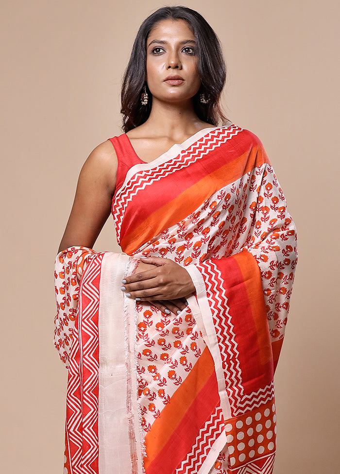 White Printed Pure Silk Saree Without Blouse Piece With Credit Card Cheap Pice