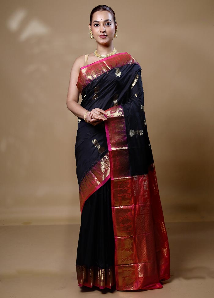 Black Handloom Kanjivaram Pure Silk Saree With Blouse Piece Choice