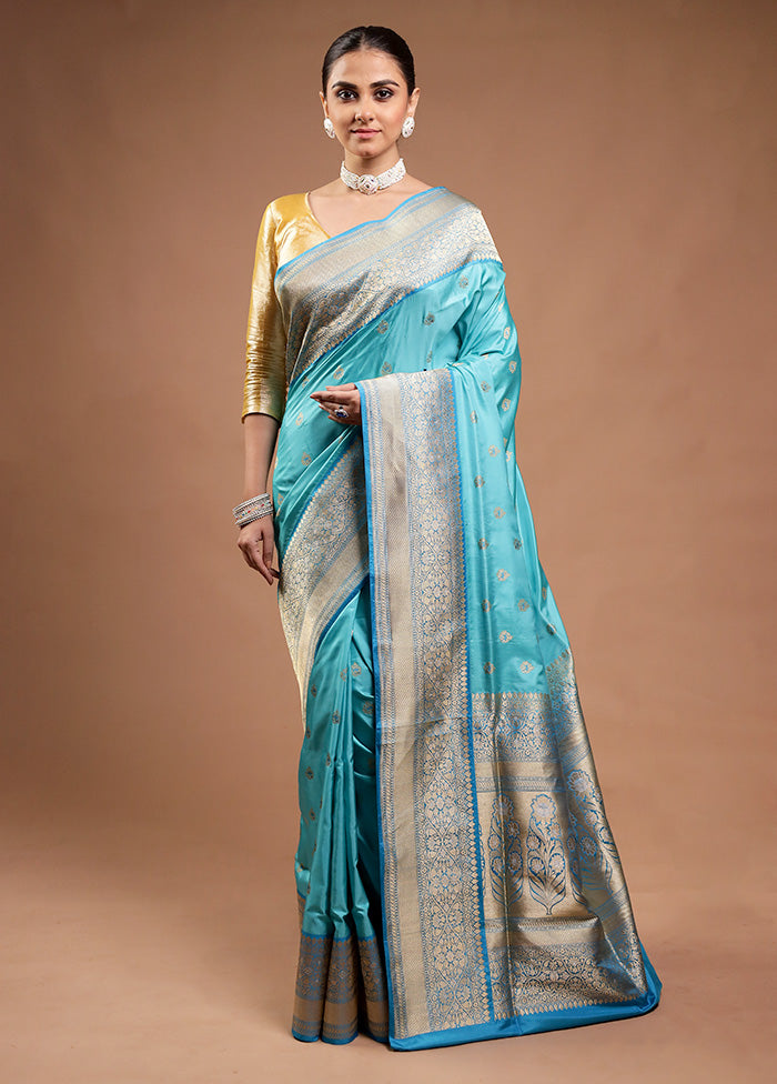 Blue Handloom Katan Pure Silk Saree With Blouse Piece Free Shipping 100% Original