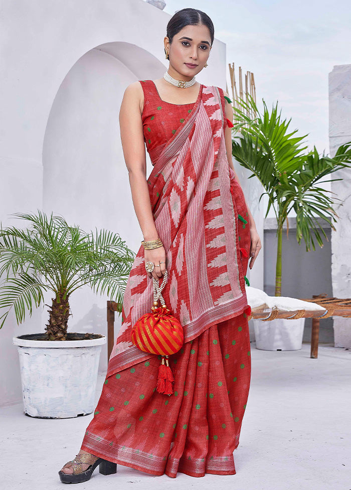 Red Linen Silk Saree With Blouse Piece Fast Delivery Cheap Online