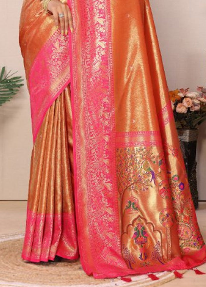 Orange Banarasi Silk Saree With Blouse Piece Fast Delivery Online