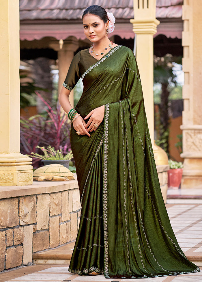 Olive Green Chiffon Silk Saree With Blouse Piece Very Cheap Sale Online