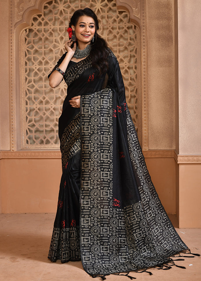 Black Spun Silk Saree With Blouse Piece Best Deals