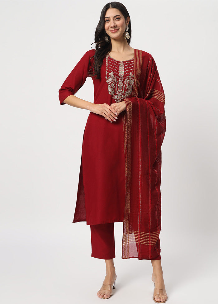 3 Pc Maroon Readymade Cotton Dupatta Suit Set For Sale Online