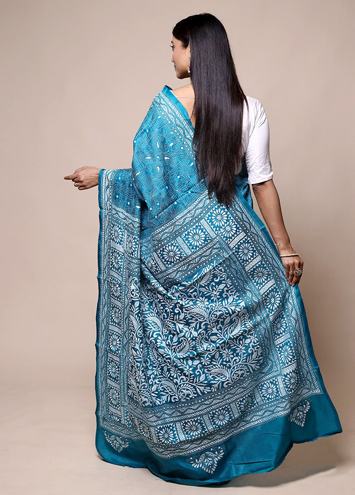 Blue Handloom Kantha Stitch Pure Silk Saree With Blouse Piece Websites Online