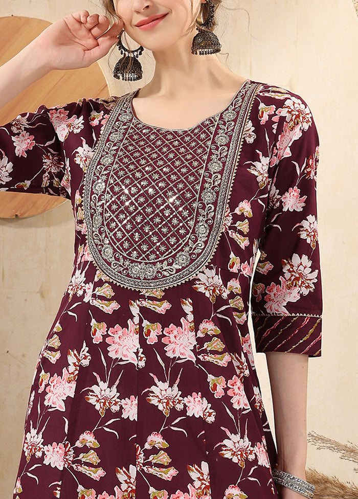 Wine Readymade Cotton Long Kurti Cheap Sale View