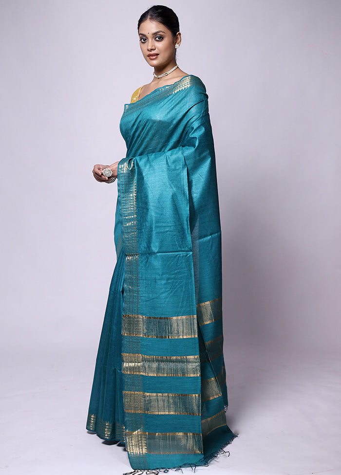 Blue Tussar Silk Saree With Blouse Piece Official Site Sale Online