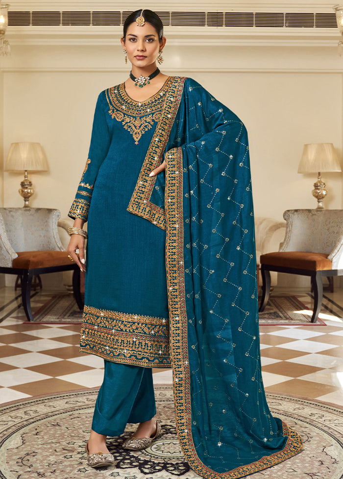 3 Pc Teal Pure Semi Stitched Silk Suit Set Buy Cheap Visit