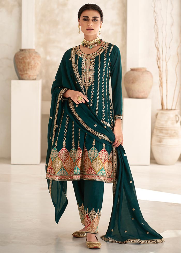 3 Pc Green Semi Stitched Silk Suit Set Sast Sale Online