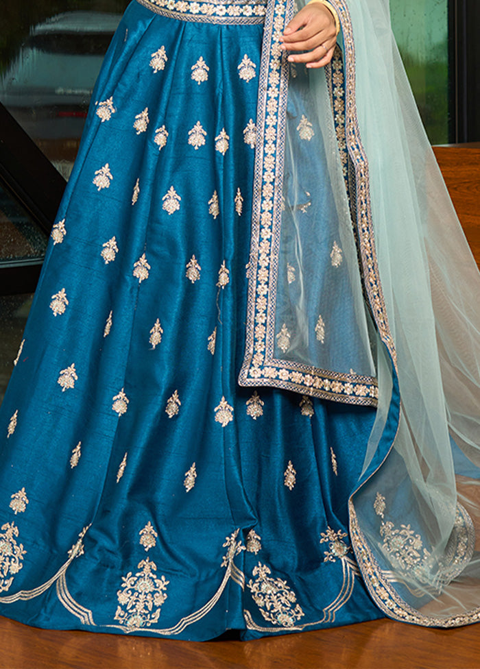 3 Pc Blue Silk Semi Stitched Lehenga Set Excellent Online