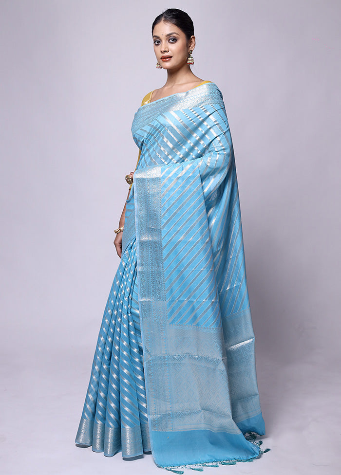 Blue Kora Silk Saree With Blouse Piece Original For Sale