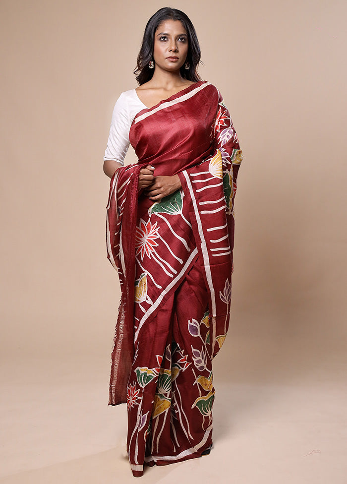 Maroon Printed Pure Silk Saree Without Blouse Piece Clearance Get Authentic