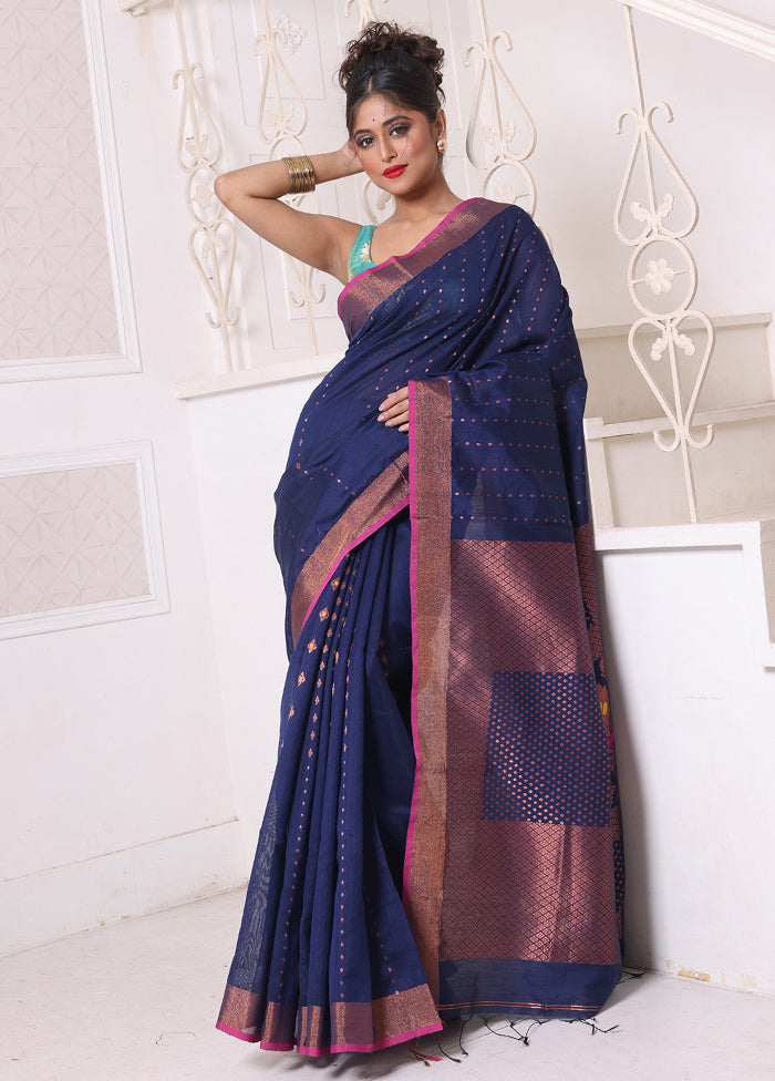 Navy Blue Pure Cotton Saree With Blouse Piece Clearance Official Site