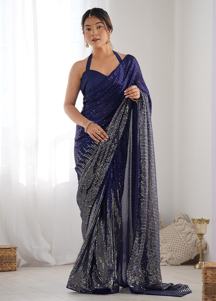 Navy Blue Georgette Saree With Blouse Piece 100% Guaranteed