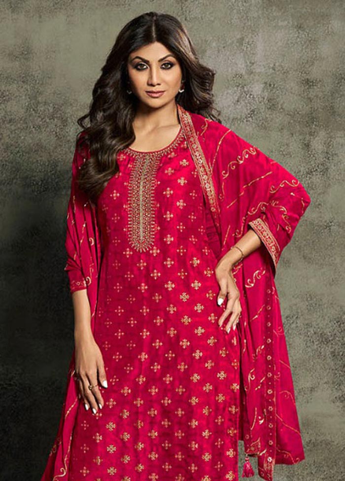 3 Pc Reddish Pink Semi Stitched Viscose Suit Set Lowest Pice Cheap Pice