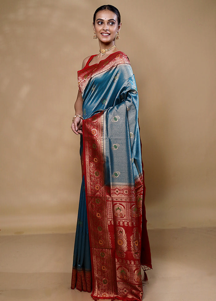 Blue Dupion Silk Saree With Blouse Piece Clearance Store Cheap Online