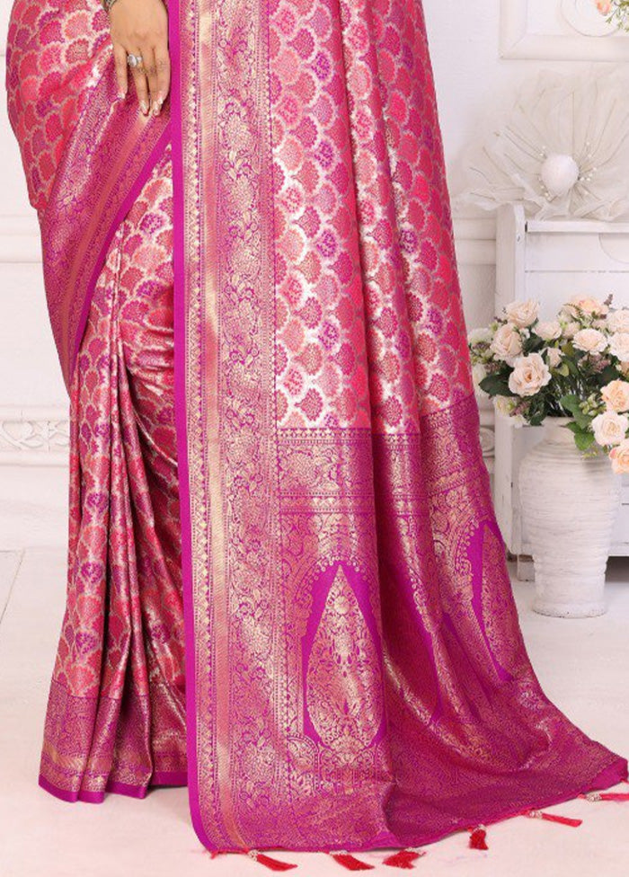 Pink Banarasi Silk Saree With Blouse Piece Cheap Sale Online