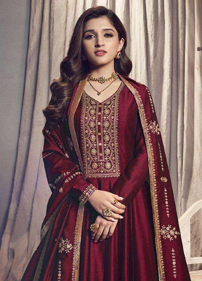 3 Pc Maroon Semi Stitched Silk Suit Set Outlet Collections