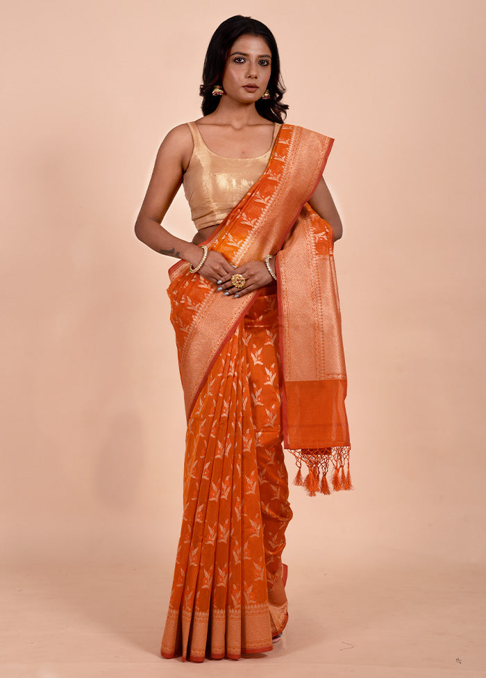 Orange Kora Silk Saree With Blouse Piece Sast