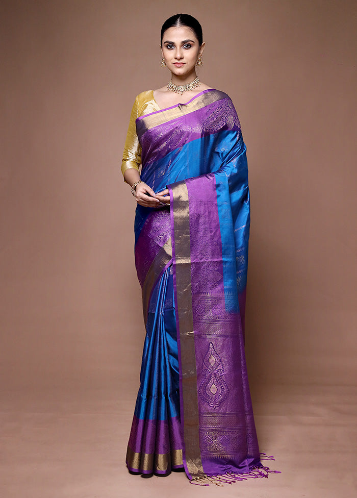 Blue Handloom Kanchipuram Pure Silk Saree With Blouse Piece Outlet Looking For