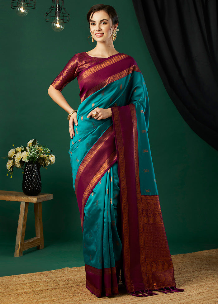 Aqua Banarasi Silk Saree With Blouse Piece Clearance Pre Order