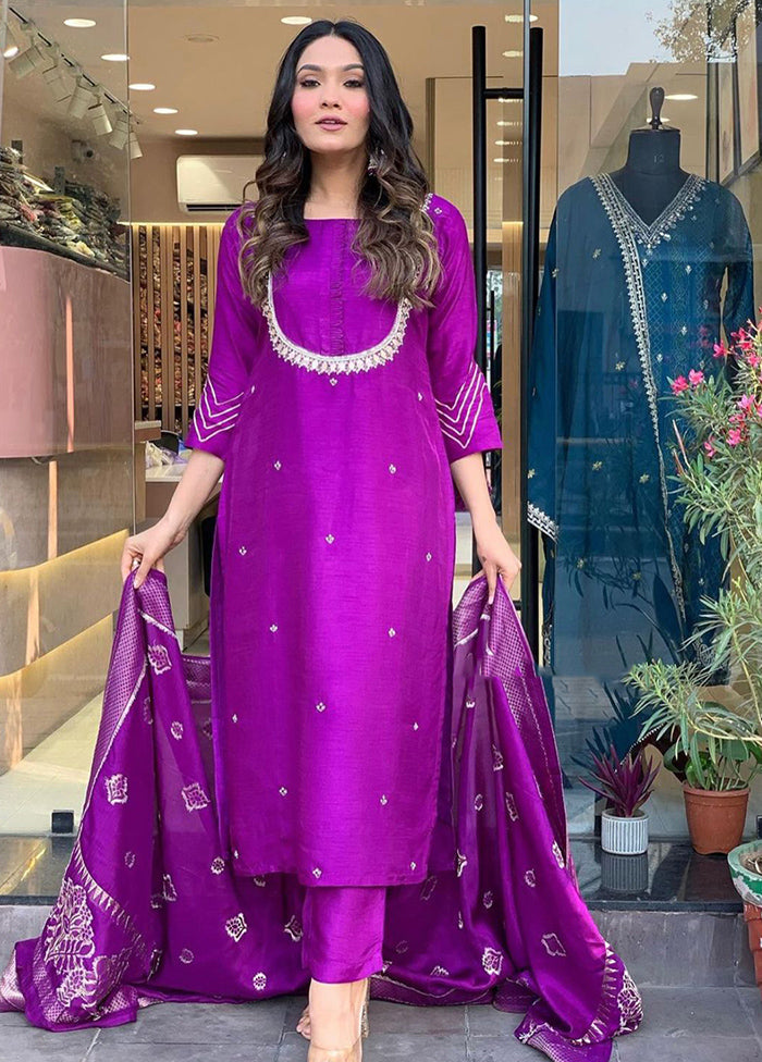 3 Pc Purple Readymade Chanderi Suit Set Wholesale Pice For Sale