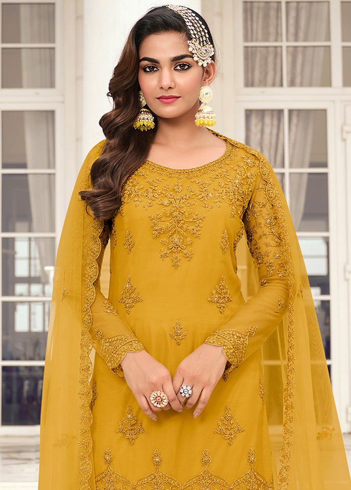 3 Pc Yellow Unstitched Net Suit Set Countdown Package Online