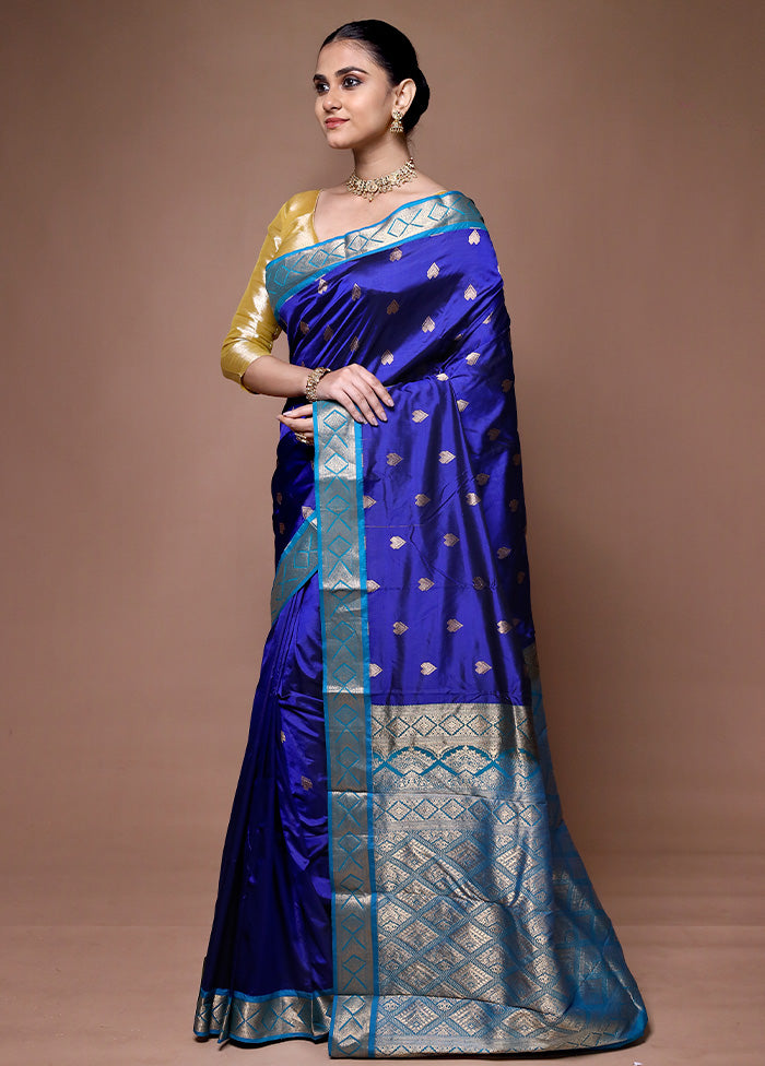 Blue Handloom Kanjivaram Pure Silk Saree With Blouse Piece Shop For Cheap Pice