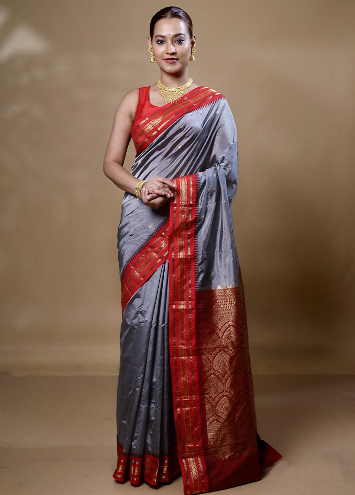 Grey Handloom Kanjivaram Pure Silk Saree With Blouse Piece Cheap Sale Marketable