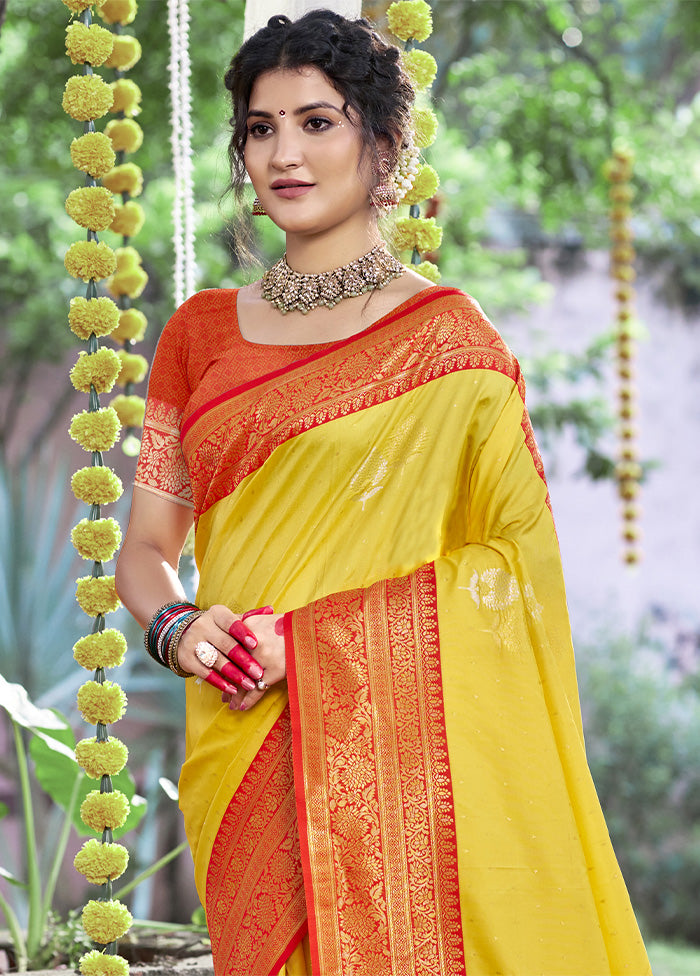 Yellow Dupion Silk Saree With Blouse Piece Outlet Manchester