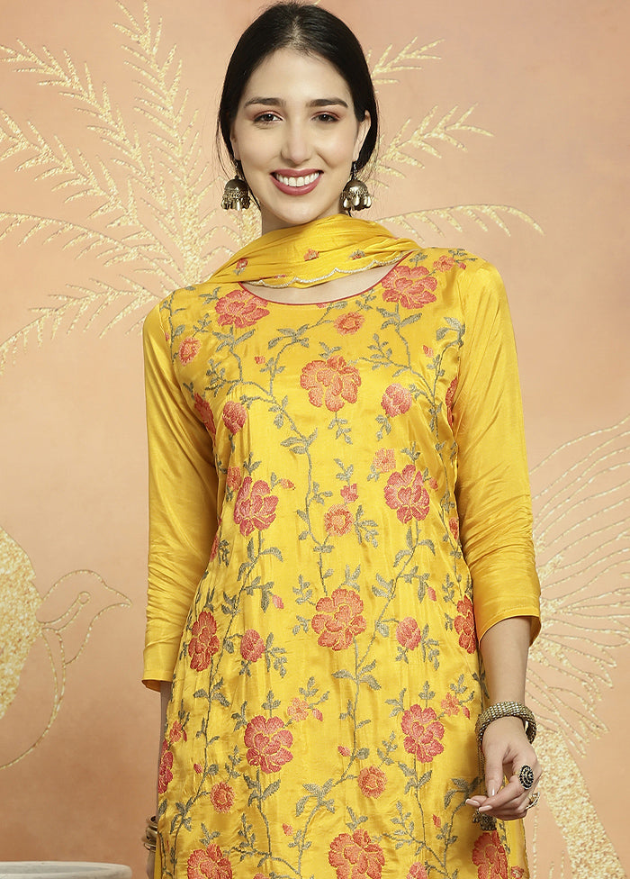 3 Pc Yellow Unstitched Silk Suit Set Release Dates Sale Online