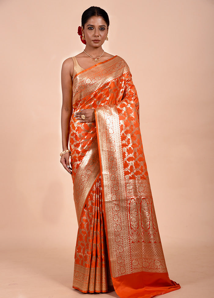 Orange Banarasi Silk Saree With Blouse Piece Shop For Online