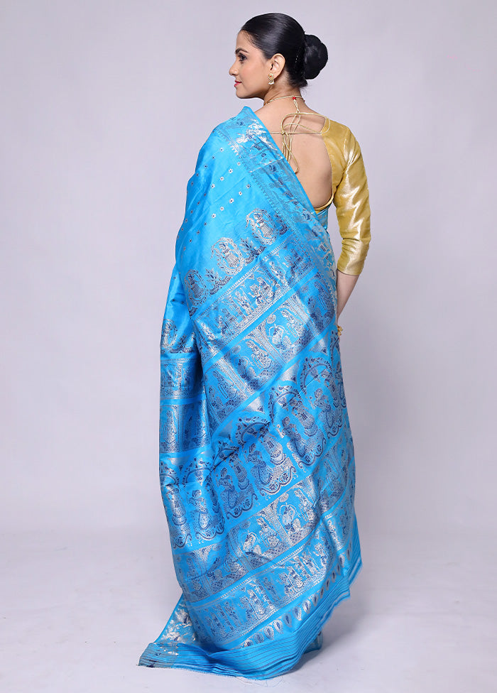 Blue Handloom Baluchari Pure Silk Saree With Blouse Piece Sale Genuine