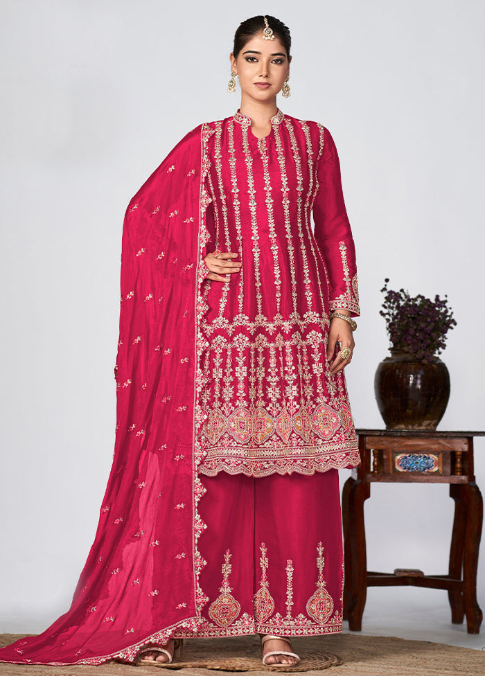 3 Pc Deep Pink Semi Stitched Silk Suit Set High Quality