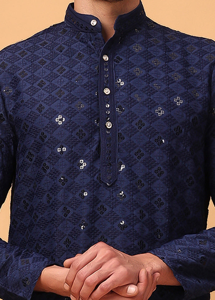 Navy Blue Viscose Embroidered Kurta Cheap Genuine