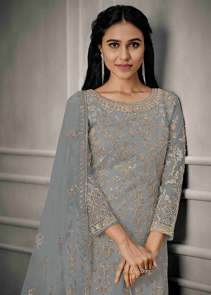 3 Pc Grey Semi Stitched Net Suit Set Latest Sale Online