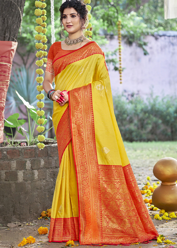 Yellow Dupion Silk Saree With Blouse Piece Outlet Manchester